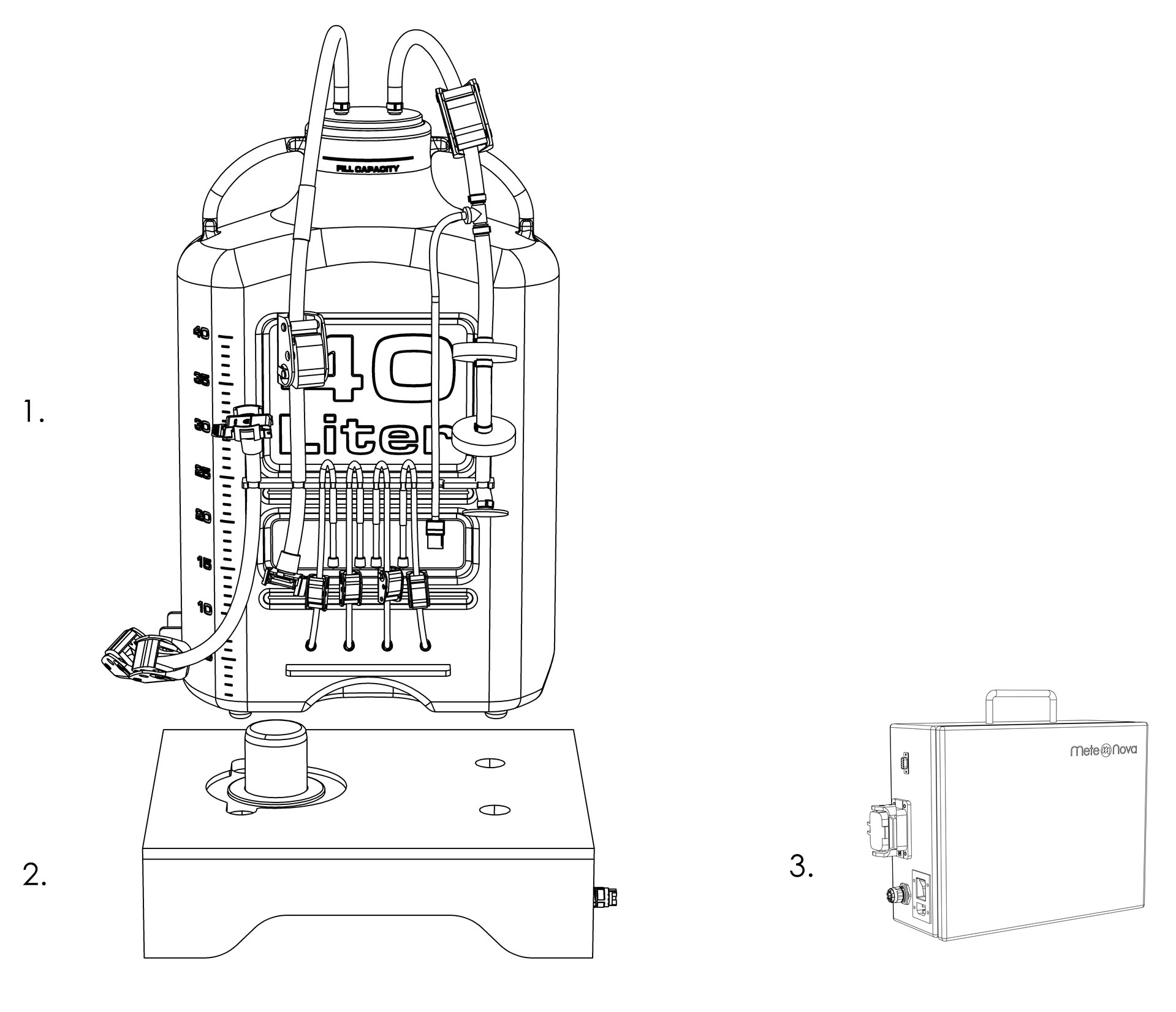 Illustration of the ProConnex MixOne System components, highlighting a customized 40L single-use carboy above its reusable platform and an optional PLC unit. 